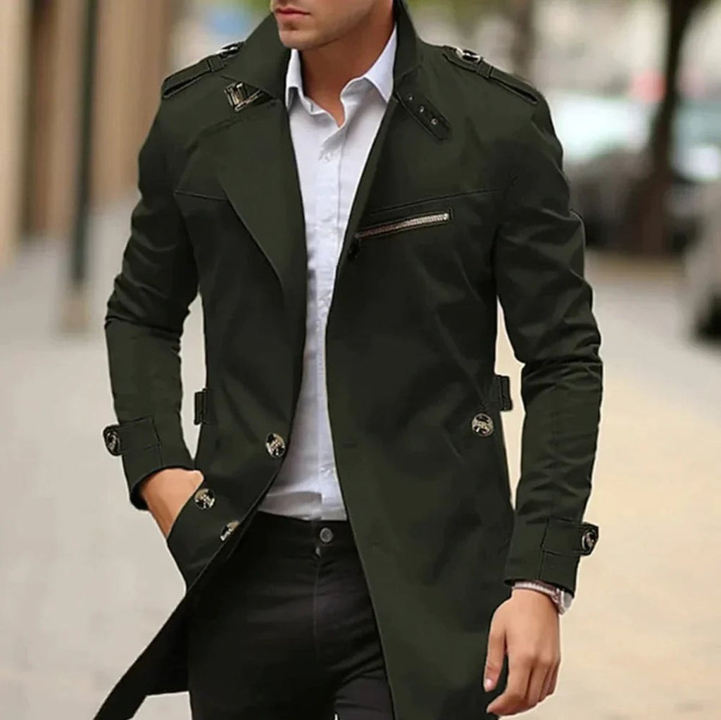 Men's Wool Coat Classic Belted Trench Coat - Green