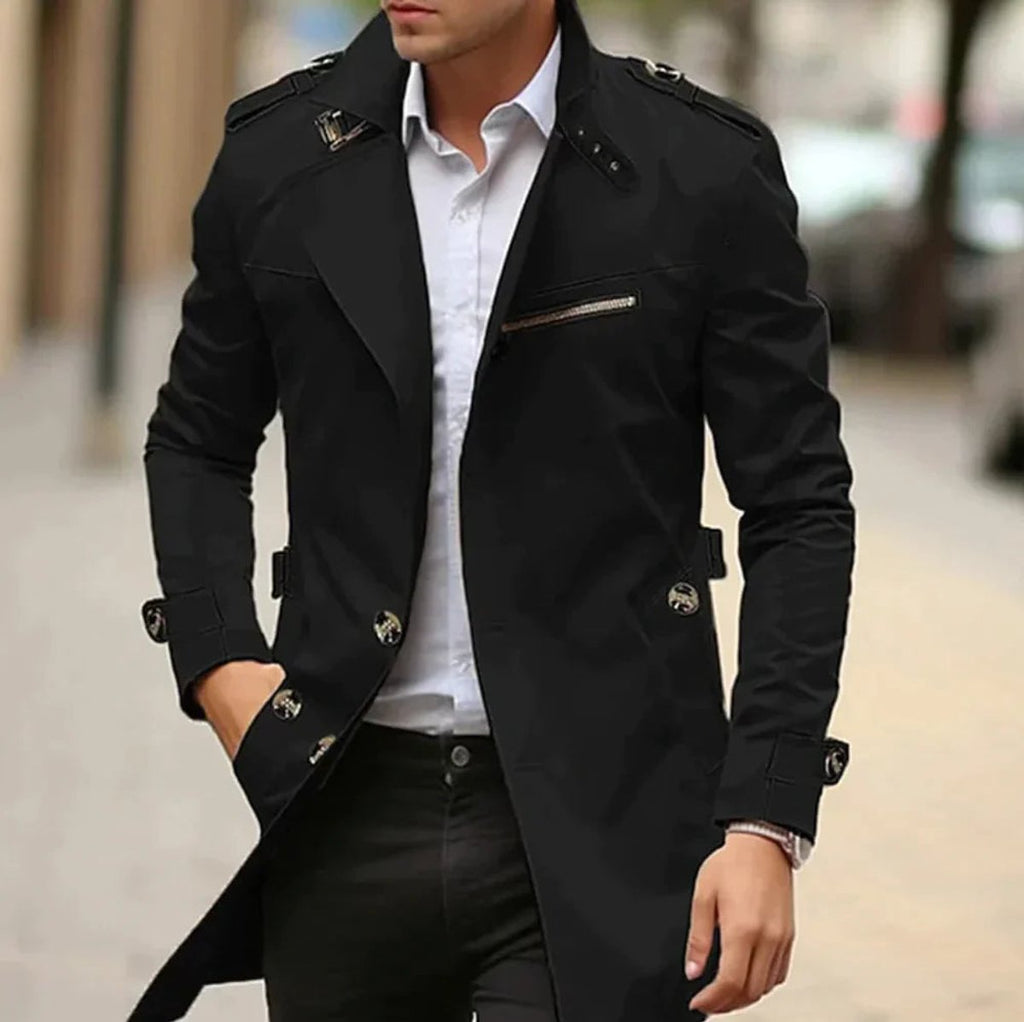 Men's Wool Coat Classic Belted Trench Coat - Black