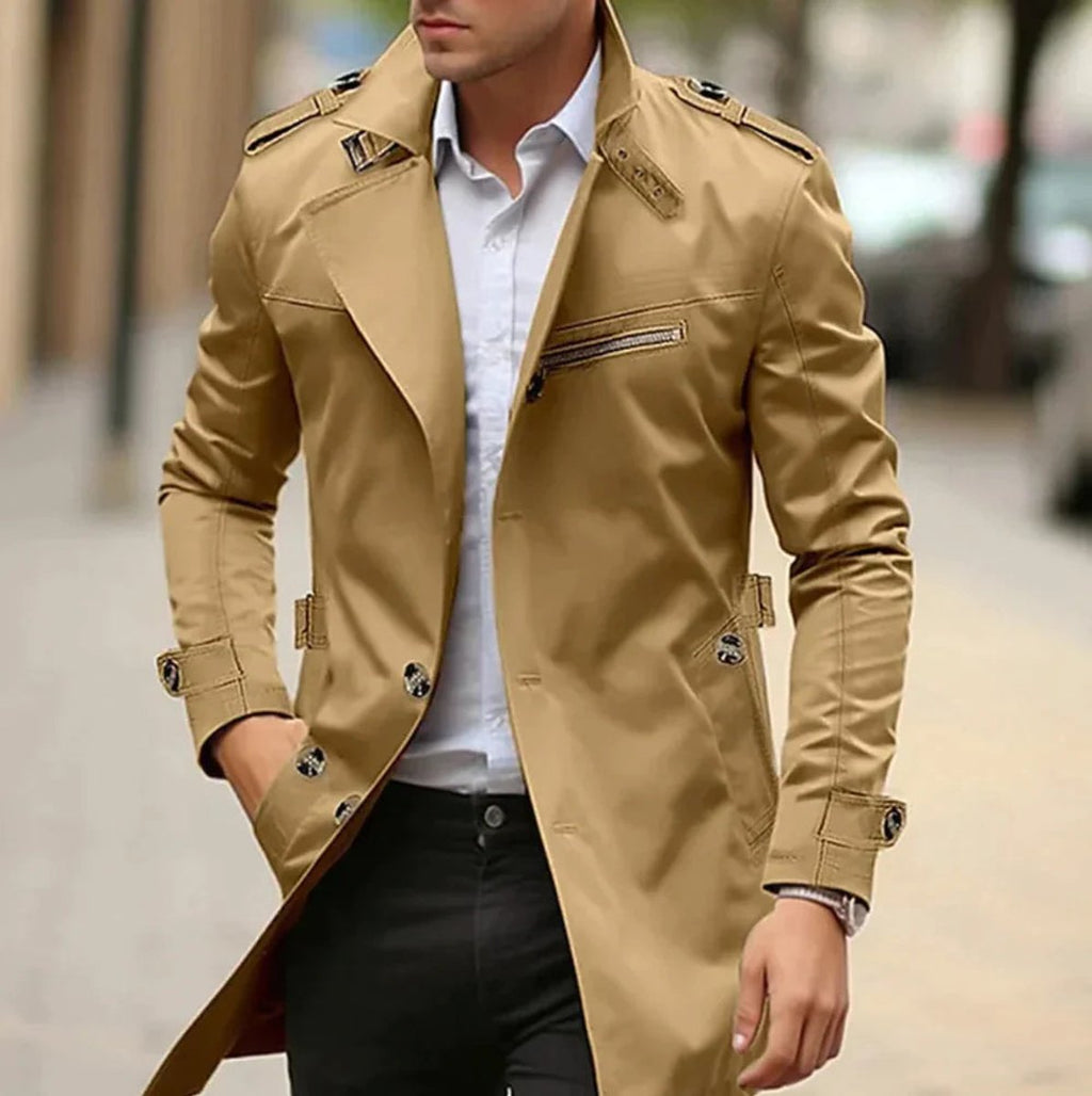 Men's Wool Coat Classic Belted Trench Coat - Dark Beige