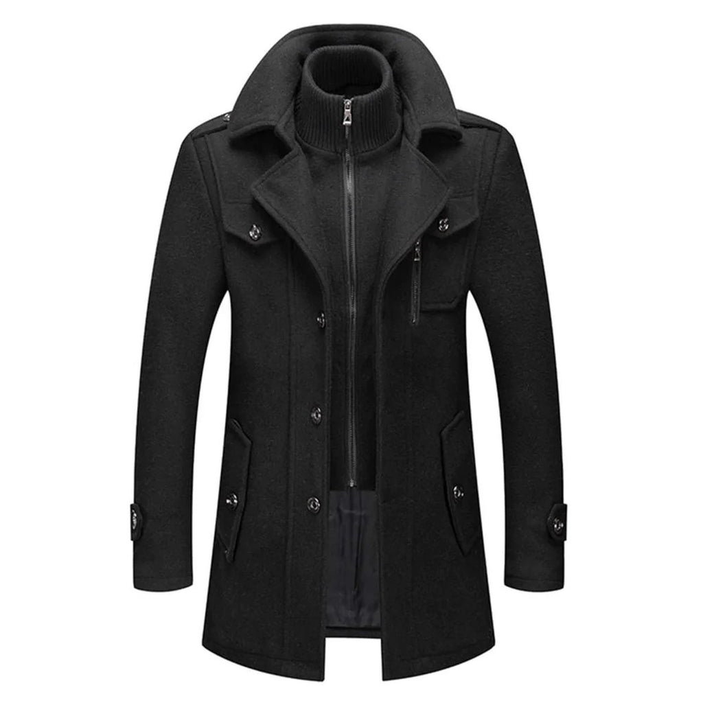 Men's Wool Coat Double-Layer Winter Overcoat Knit Collar - Black