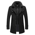 Men's Wool Coat Double-Layer Winter Overcoat Knit Collar - Black