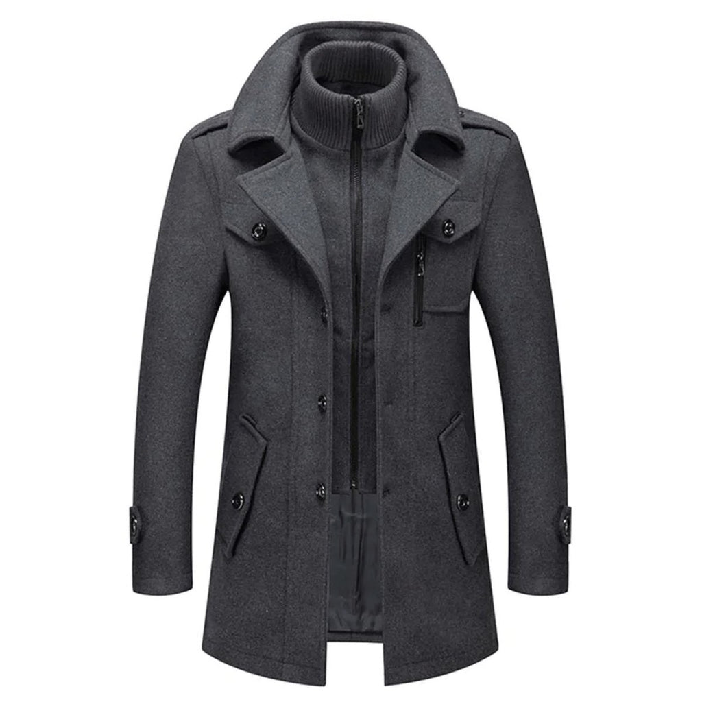Men's Wool Coat Double-Layer Winter Overcoat Knit Collar - Gray