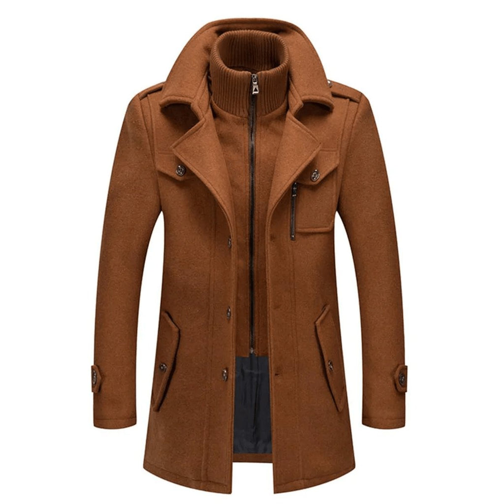 Men's Wool Coat Double-Layer Winter Overcoat Knit Collar - Brown