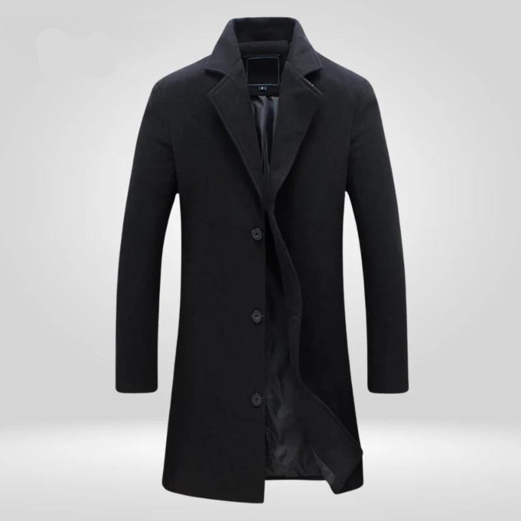 Men's Wool Coat Single-Breasted Long Overcoat - Black