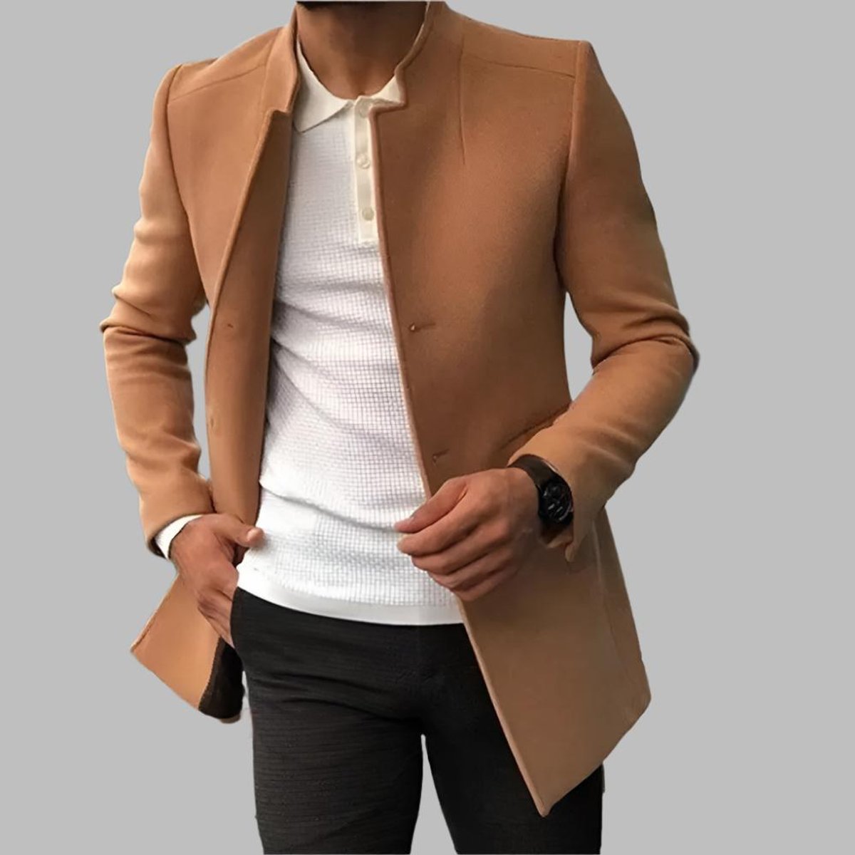 Mens Wool Coat Slim Fit Collarless Open Front Blazer Jacket - Caramel