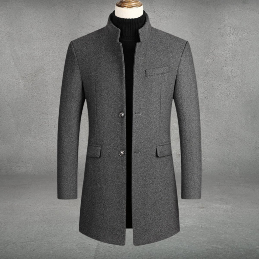 Men's Wool Coat Slim-Fit Stand-Collar Single-Breasted Overcoat - Gray