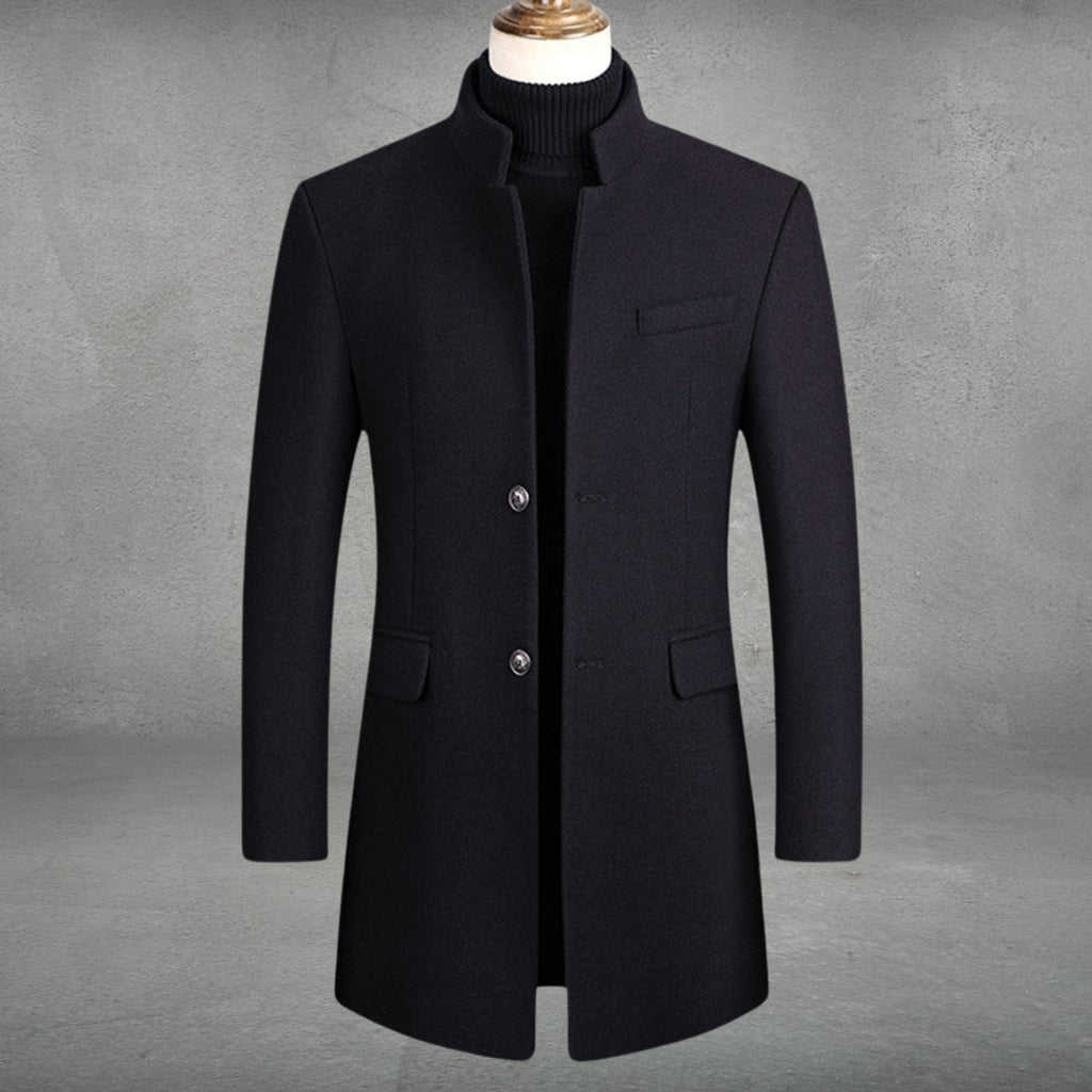 Men's Wool Coat Slim-Fit Stand-Collar Single-Breasted Overcoat - Black