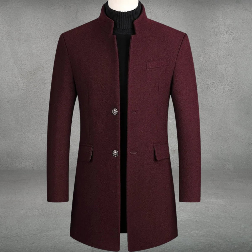 Men's Wool Coat Slim-Fit Stand-Collar Single-Breasted Overcoat - Burgundy
