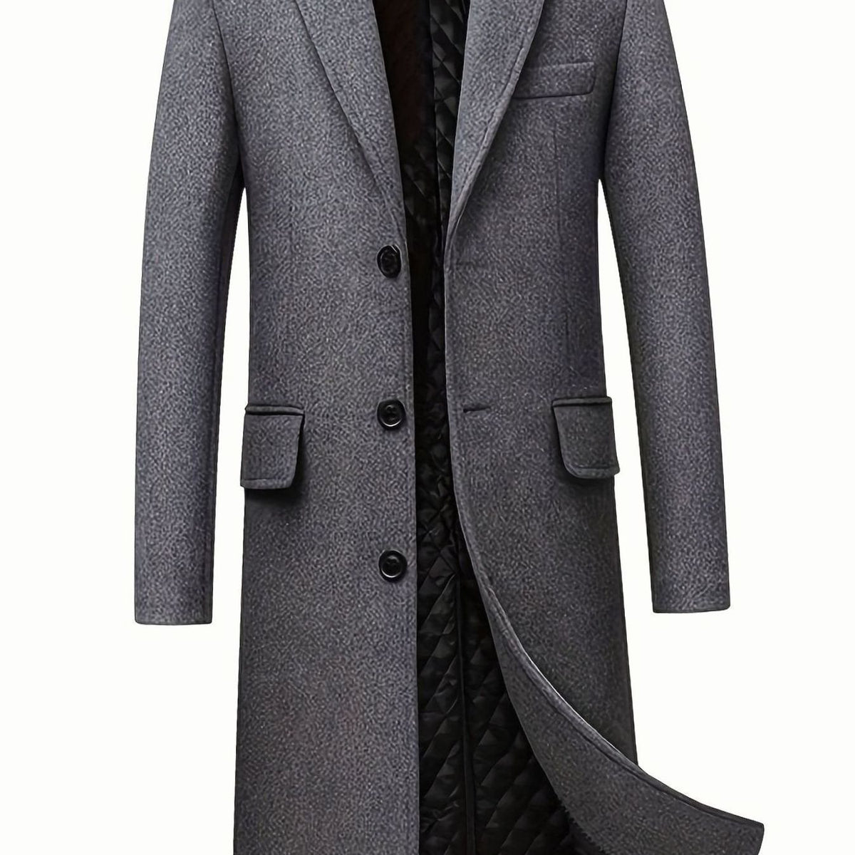 Men's Wool Coat Tailored Long Overcoat Quilted Lining - Gray