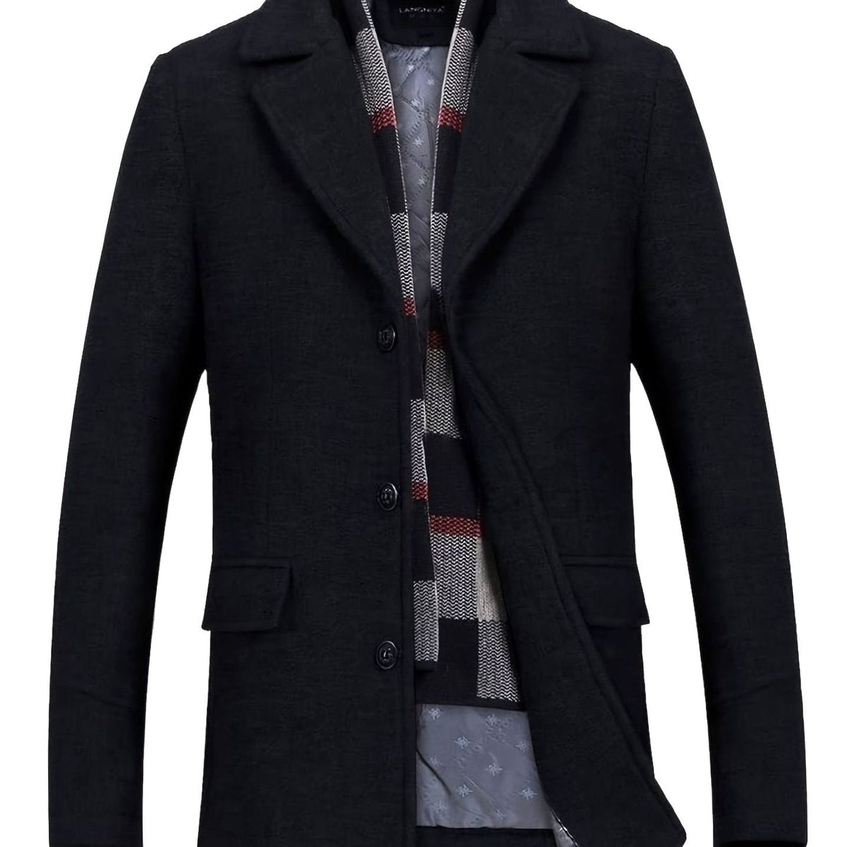 Men's Wool Coat Tailored Single-Breasted Overcoat Detachable Scarf - Black