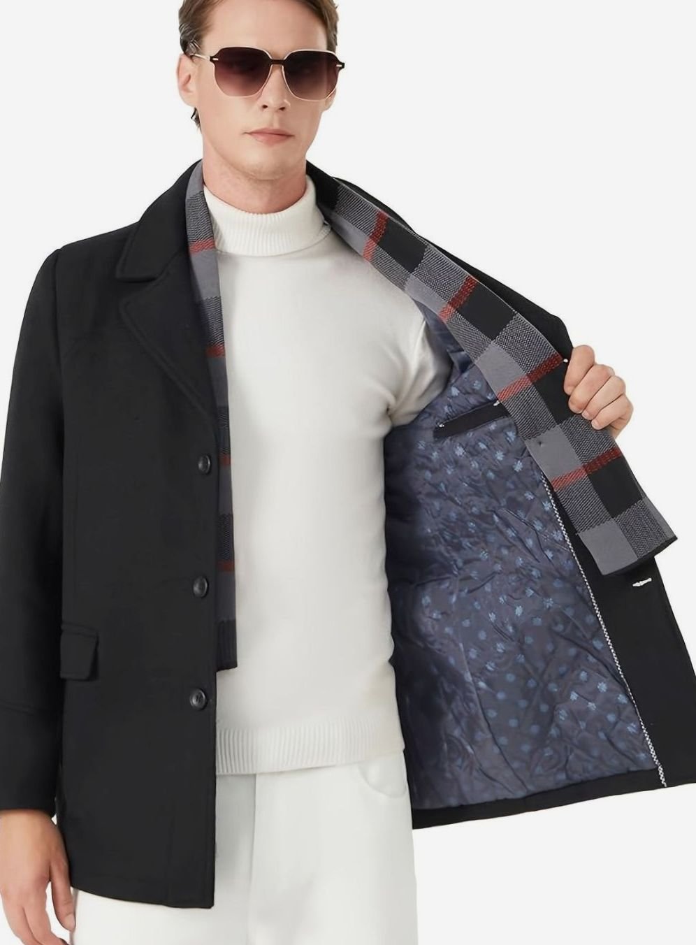 Men's Wool Coat Tailored Single-Breasted Overcoat Detachable Scarf