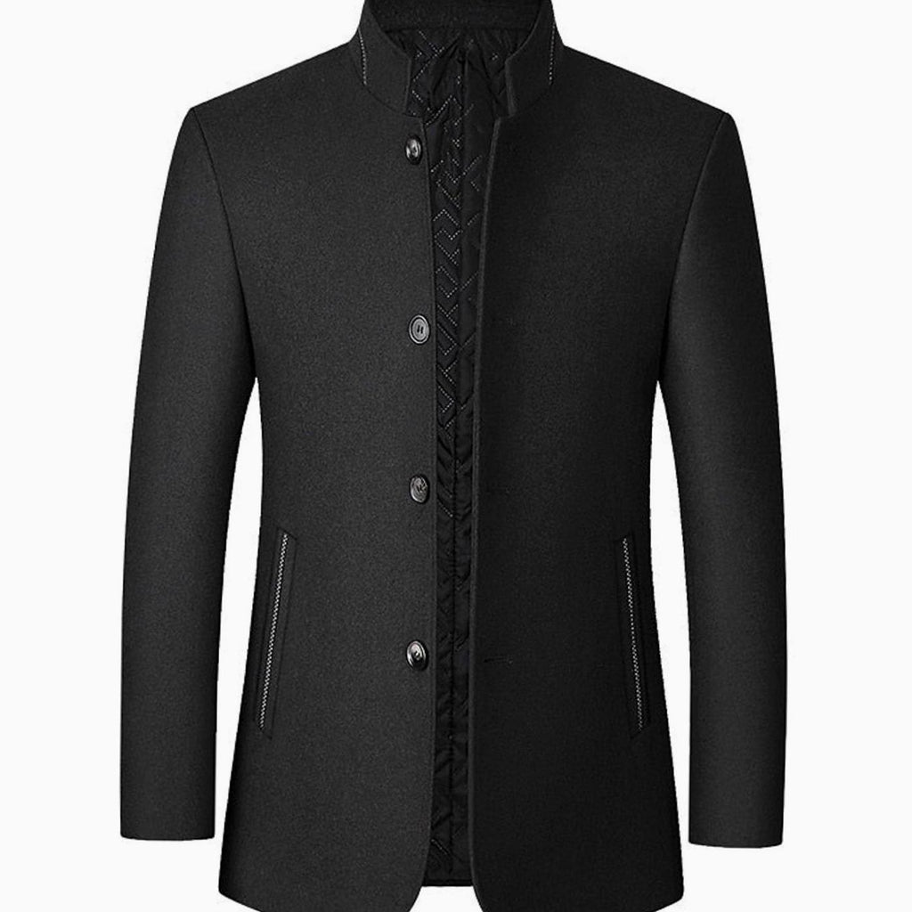 Men's Wool Coat Tailored Stand-Collar Button-Front Overcoat - Black