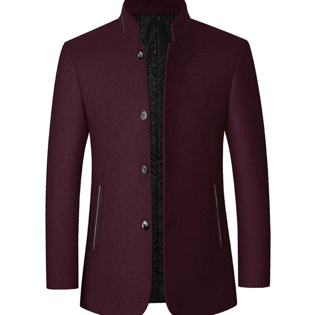 Men's Wool Coat Tailored Stand-Collar Button-Front Overcoat - Wine