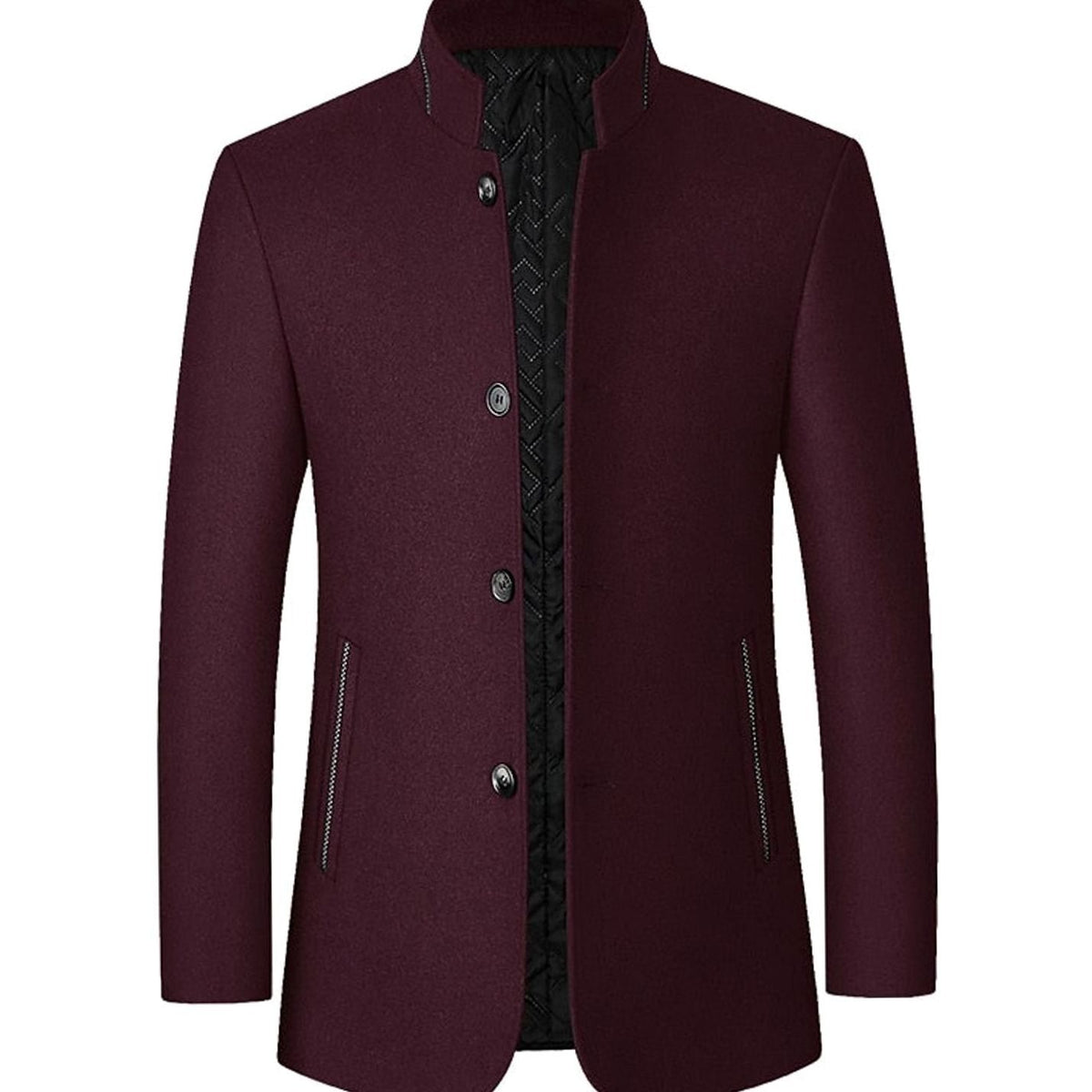 Men's Wool Coat Tailored Stand-Collar Button-Front Overcoat - Wine