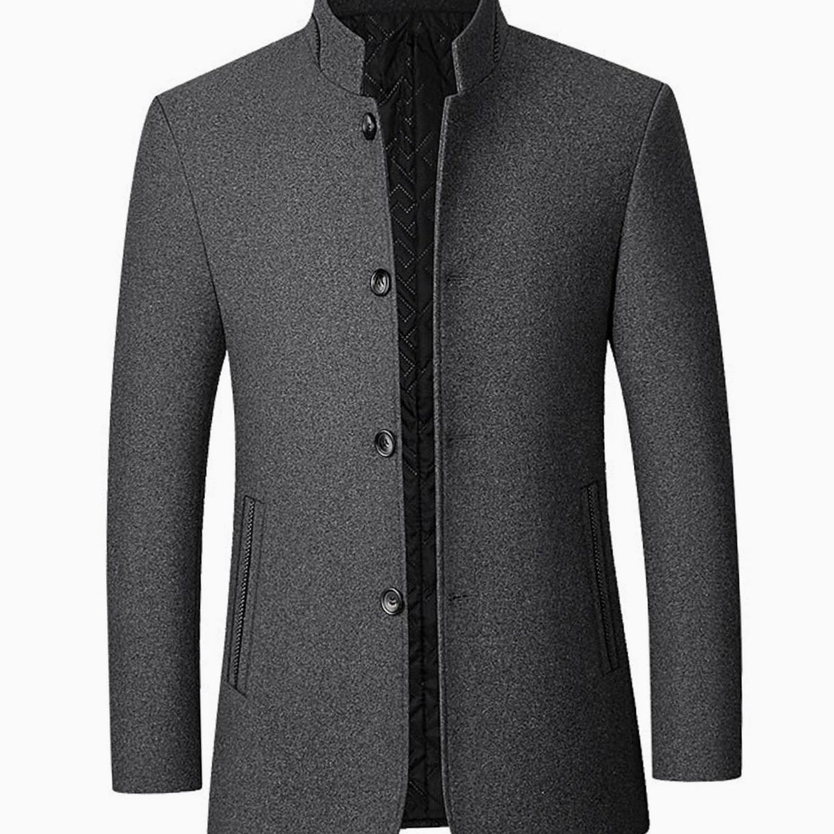 Men's Wool Coat Tailored Stand-Collar Button-Front Overcoat - Gray