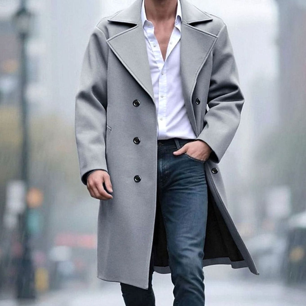 Men's Wool Double-Breasted Tailored Long Overcoat - Light Gray