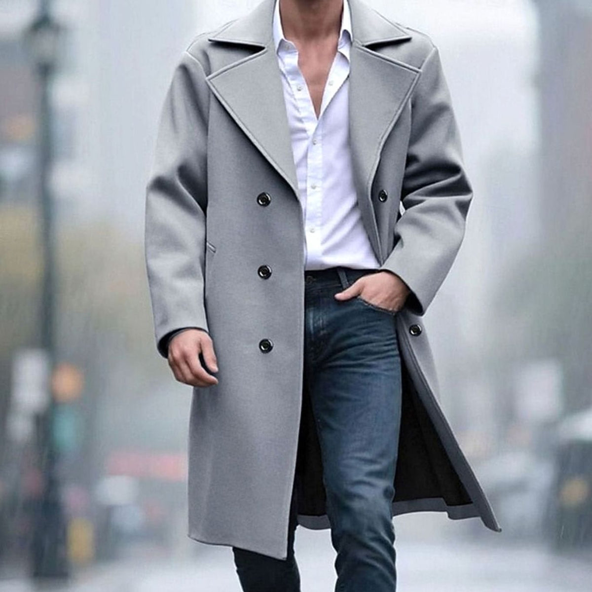 Men's Wool Double-Breasted Tailored Long Overcoat - Light Gray