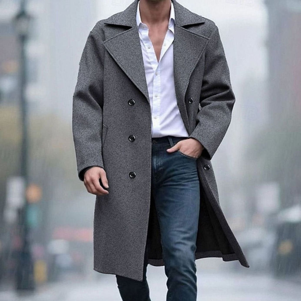 Men's Wool Double-Breasted Tailored Long Overcoat - Dark Gray