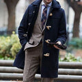 Men's Wool Hooded Toggle-Closure Long Overcoat - Dark Blue
