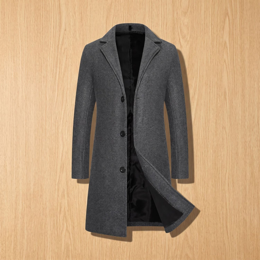 Men's Wool Tailored Notch-Lapel Longline Overcoat - Dark Gray