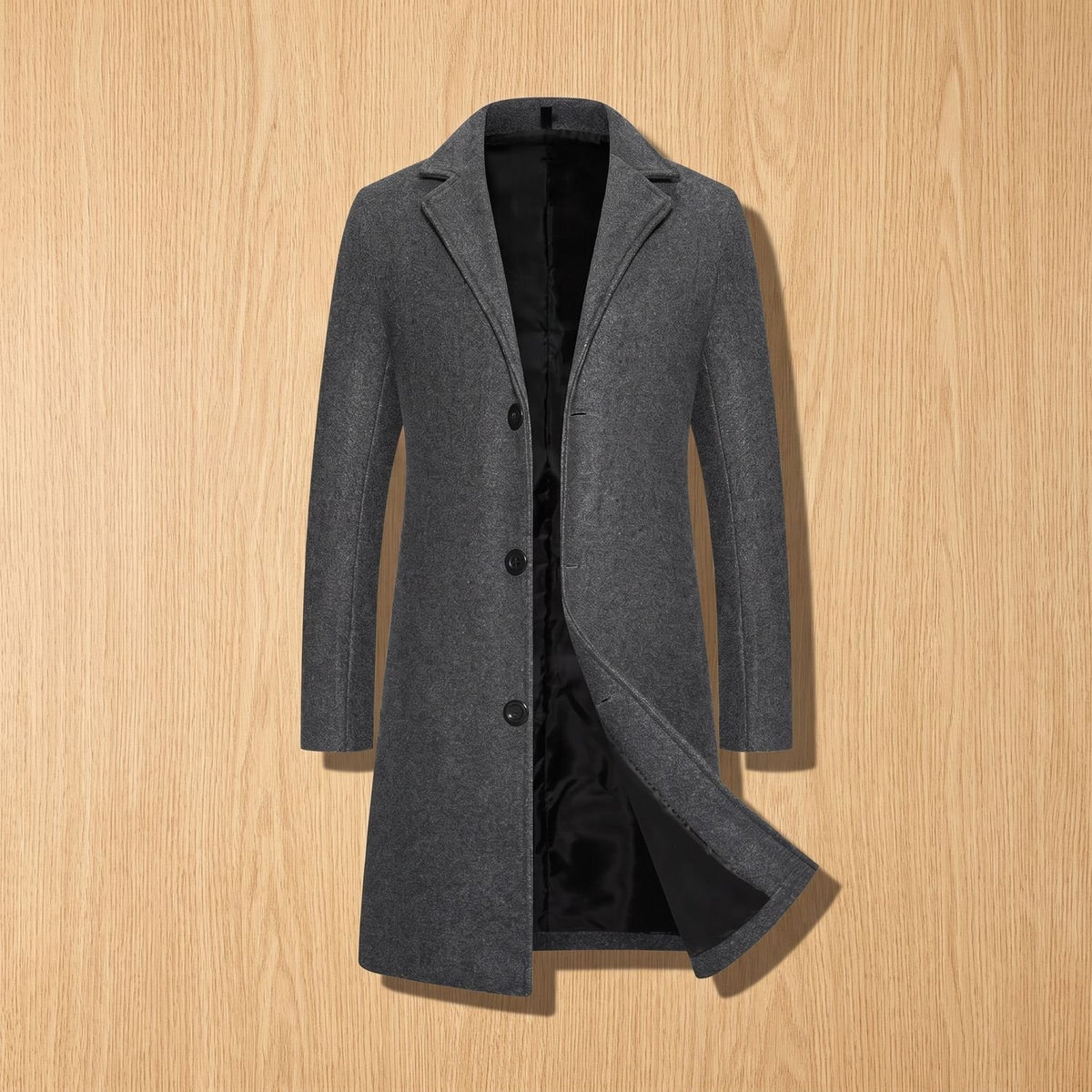 Men's Wool Tailored Notch-Lapel Longline Overcoat - Dark Gray