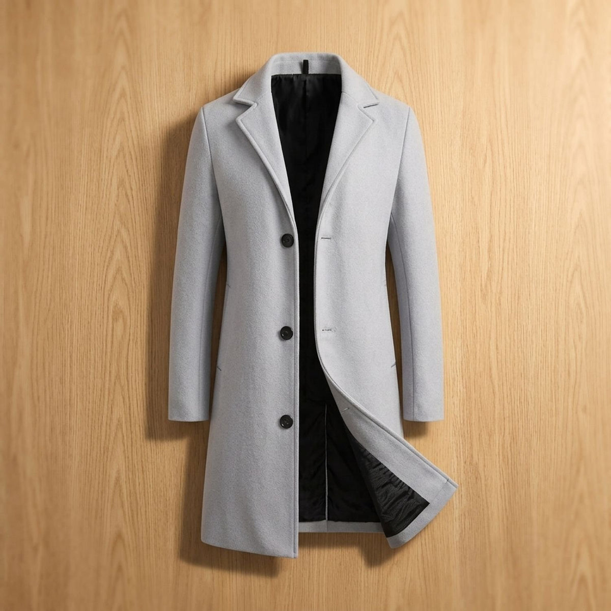 Men's Wool Tailored Notch-Lapel Longline Overcoat - Light Gray