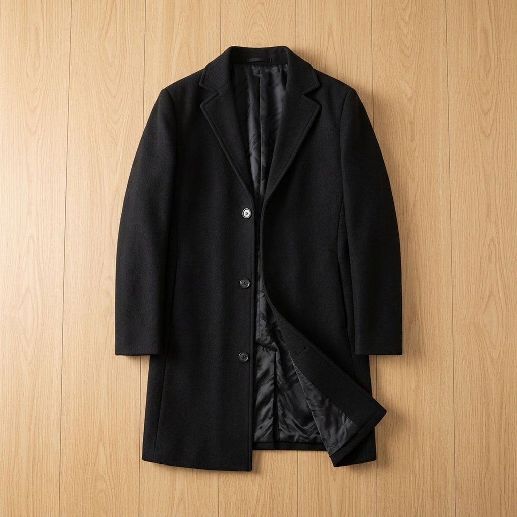 Men's Wool Tailored Notch-Lapel Longline Overcoat - Black