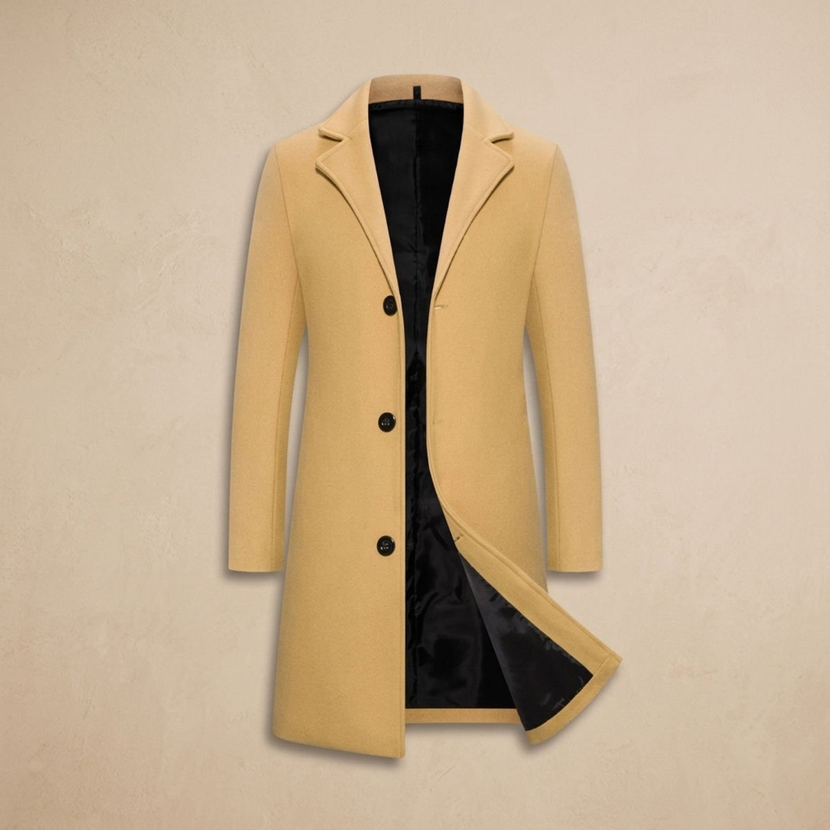 Men's Wool Tailored Notch-Lapel Longline Overcoat - Khaki