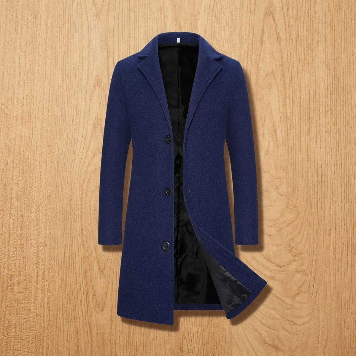 Men's Wool Tailored Notch-Lapel Longline Overcoat - Navy Blue