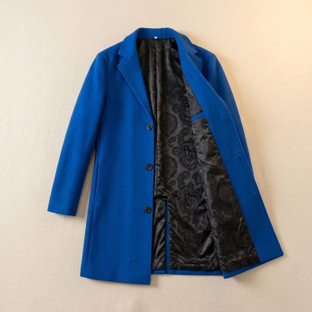 Men's Wool Tailored Notch-Lapel Longline Overcoat - Royal Blue