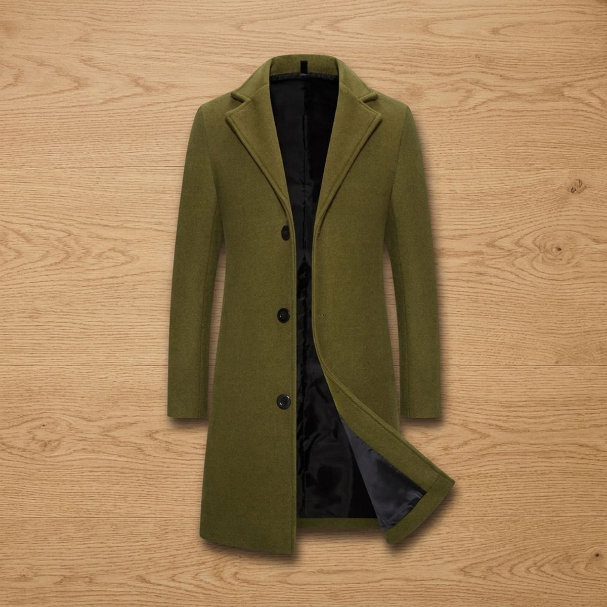 Men's Wool Tailored Notch-Lapel Longline Overcoat - Military Green
