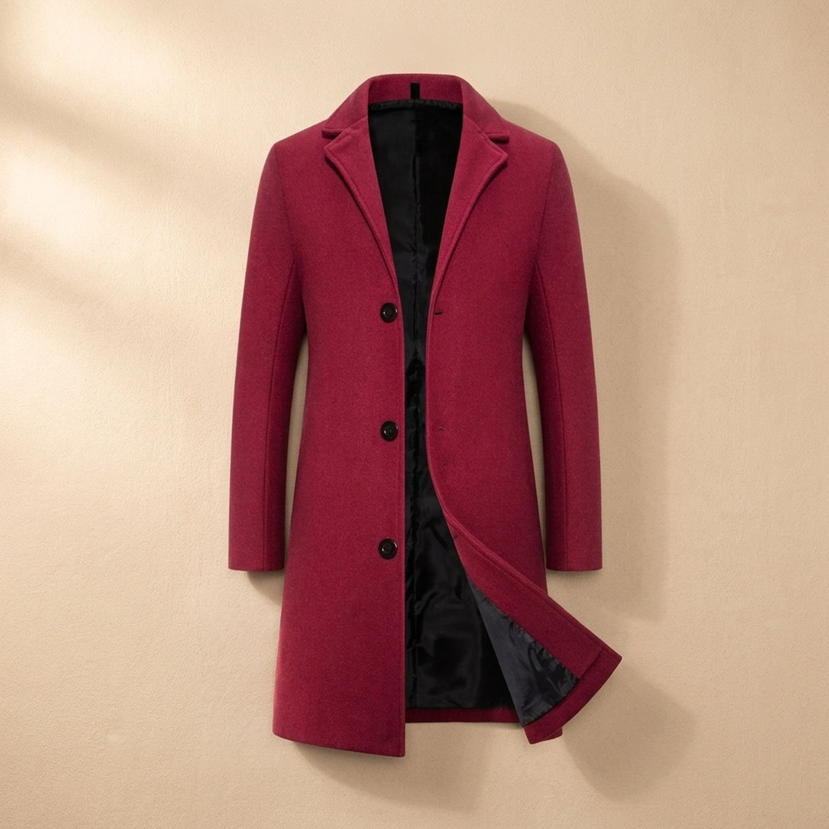 Men's Wool Tailored Notch-Lapel Longline Overcoat - Burgundy