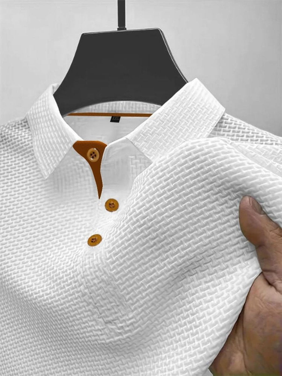 Men's Woven-Texture Contrast-Button Short-Sleeve Polo Shirt - White