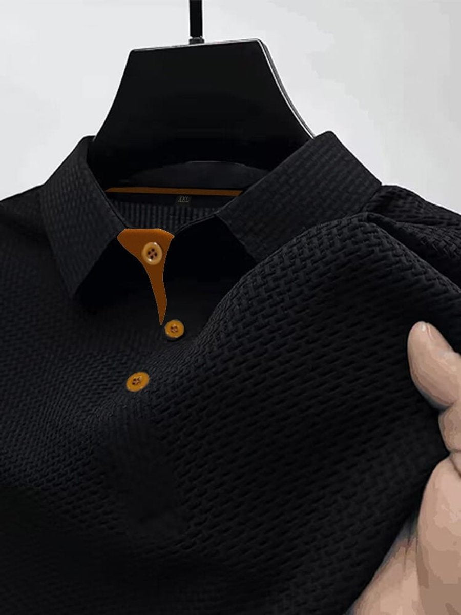 Men's Woven-Texture Contrast-Button Short-Sleeve Polo Shirt - Black