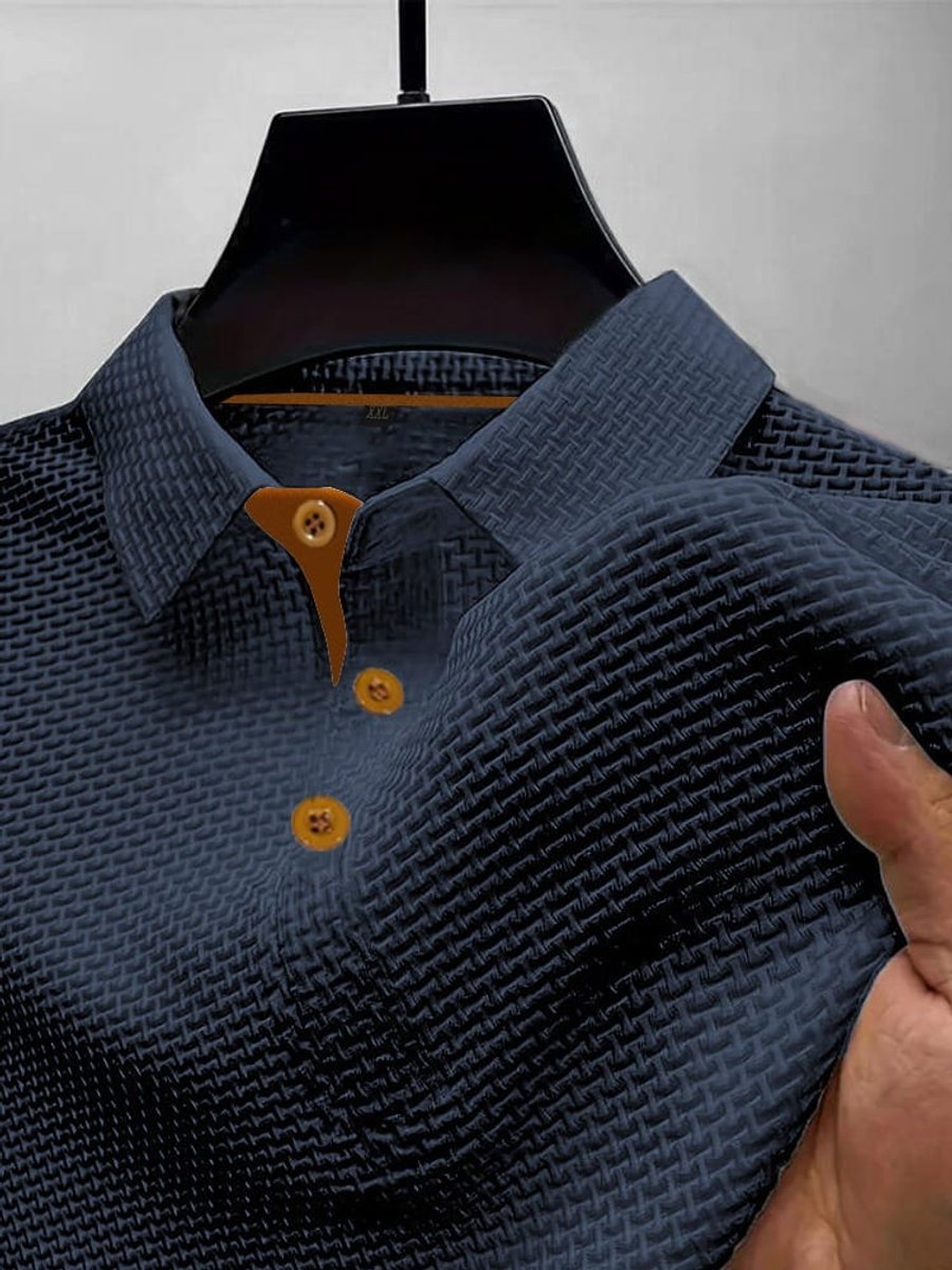 Men's Woven-Texture Contrast-Button Short-Sleeve Polo Shirt - Dark Blue