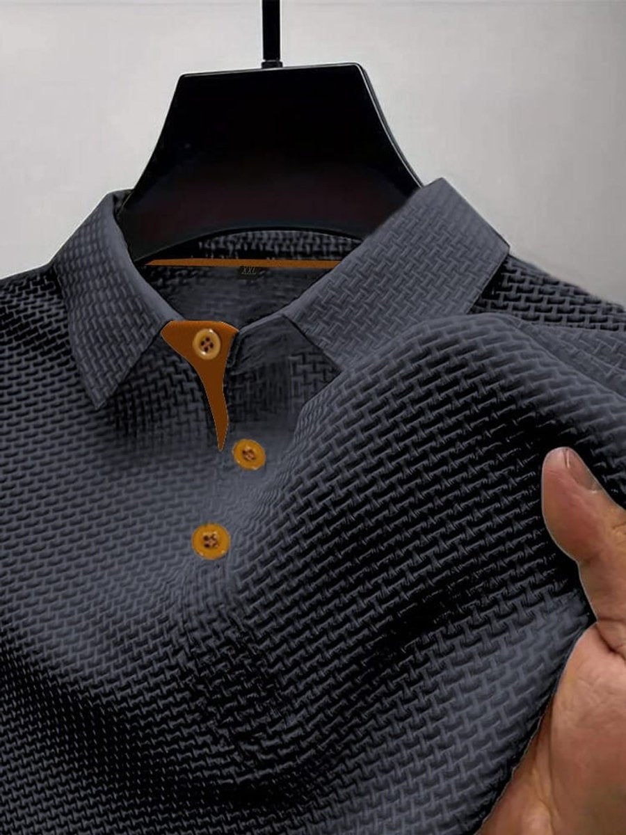 Men's Woven-Texture Contrast-Button Short-Sleeve Polo Shirt - Dark Gray