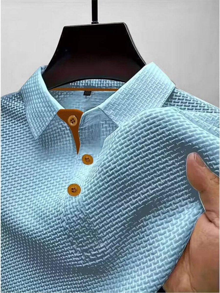 Men's Woven-Texture Contrast-Button Short-Sleeve Polo Shirt - Light Blue
