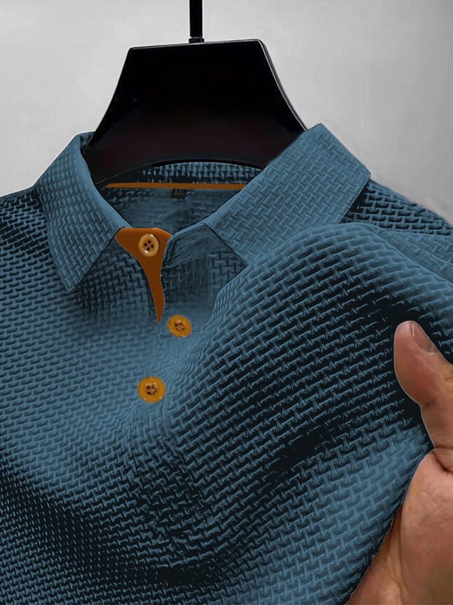 Men's Woven-Texture Contrast-Button Short-Sleeve Polo Shirt - Blue