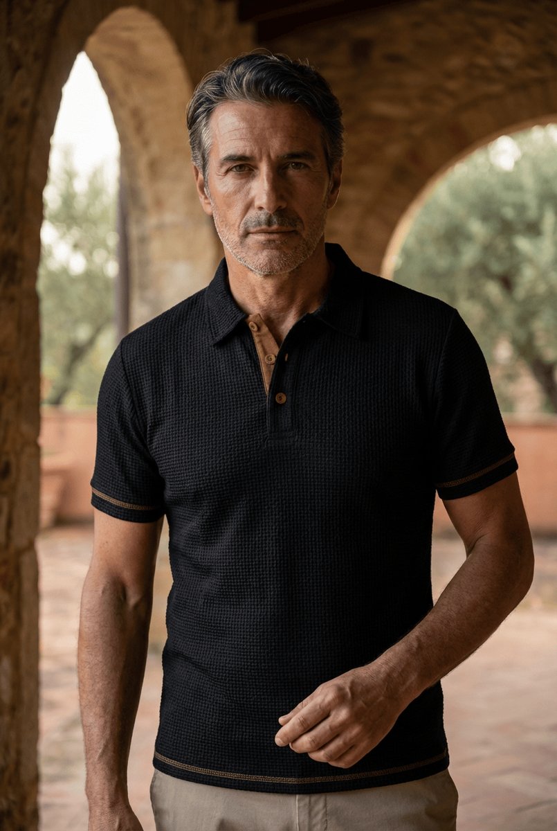 Men's Woven-Texture Contrast-Button Short-Sleeve Polo Shirt