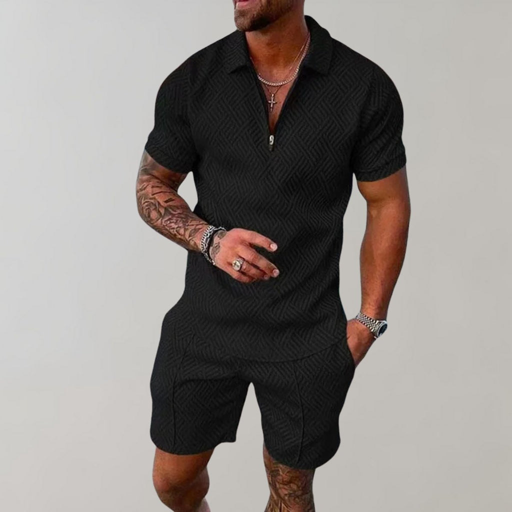 Men's Zip-Polo Matching Shorts Set Textured Woven Two-Piece - Black