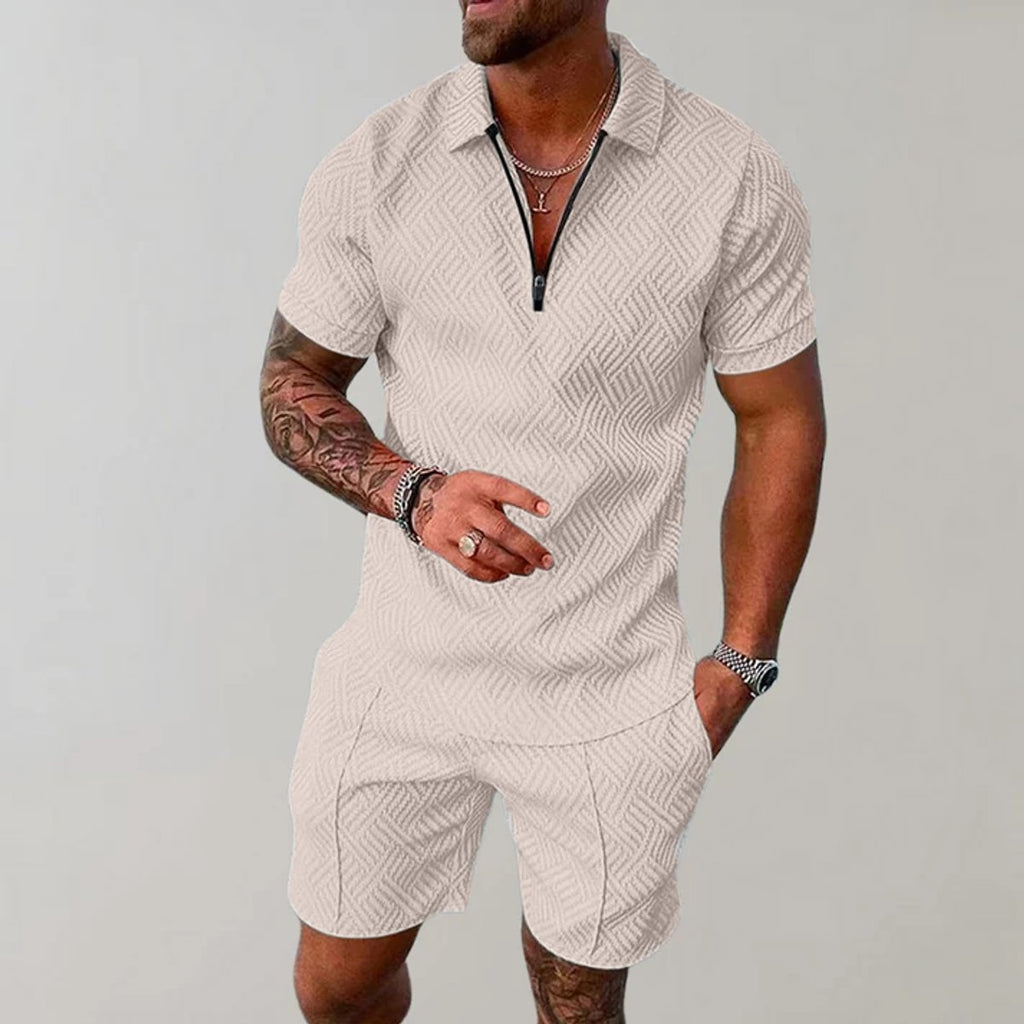 Men's Zip-Polo Matching Shorts Set Textured Woven Two-Piece - Beige
