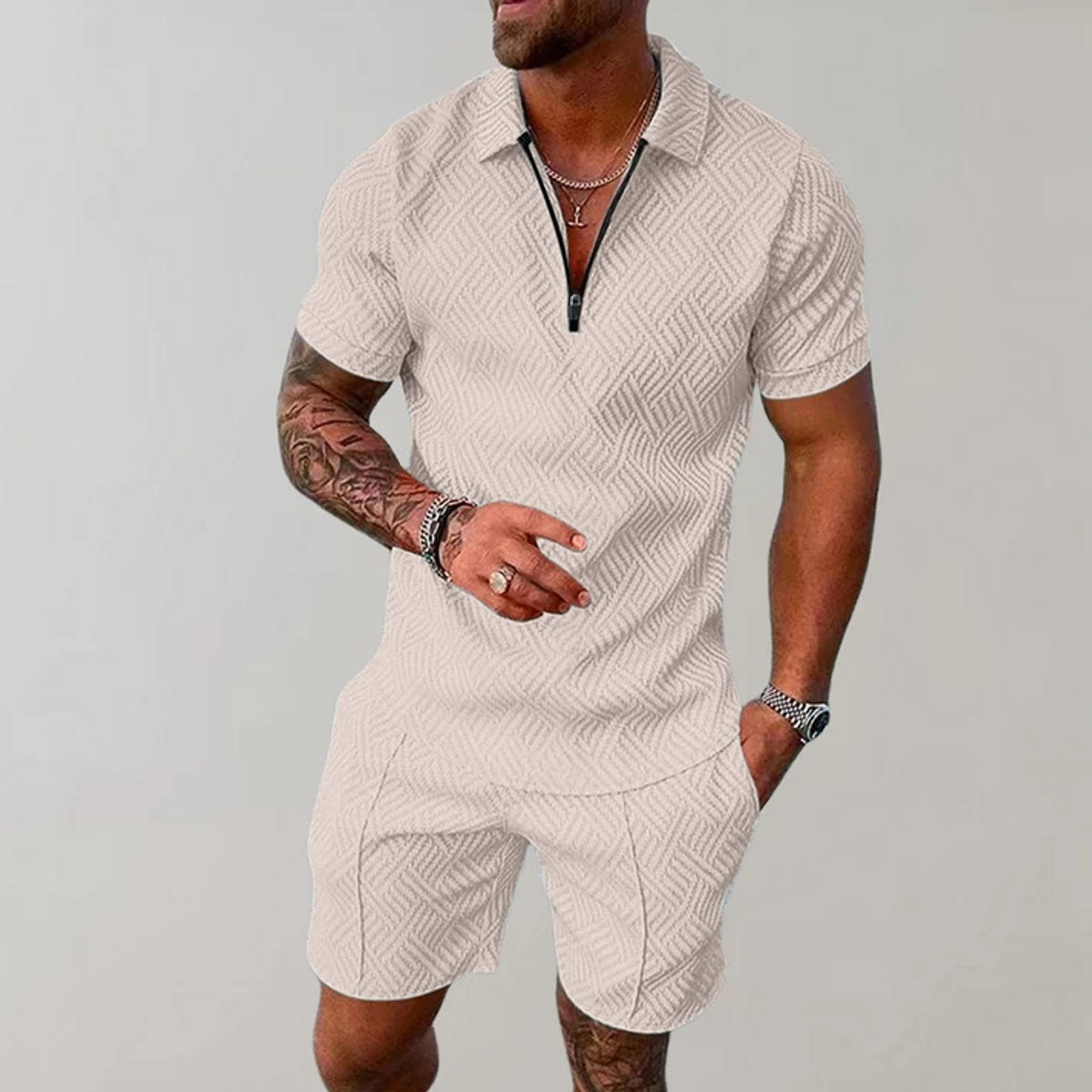 Men's Zip-Polo Matching Shorts Set Textured Woven Two-Piece - Beige