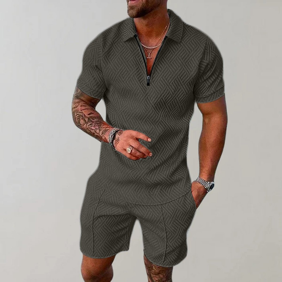 Men's Zip-Polo Matching Shorts Set Textured Woven Two-Piece - Green