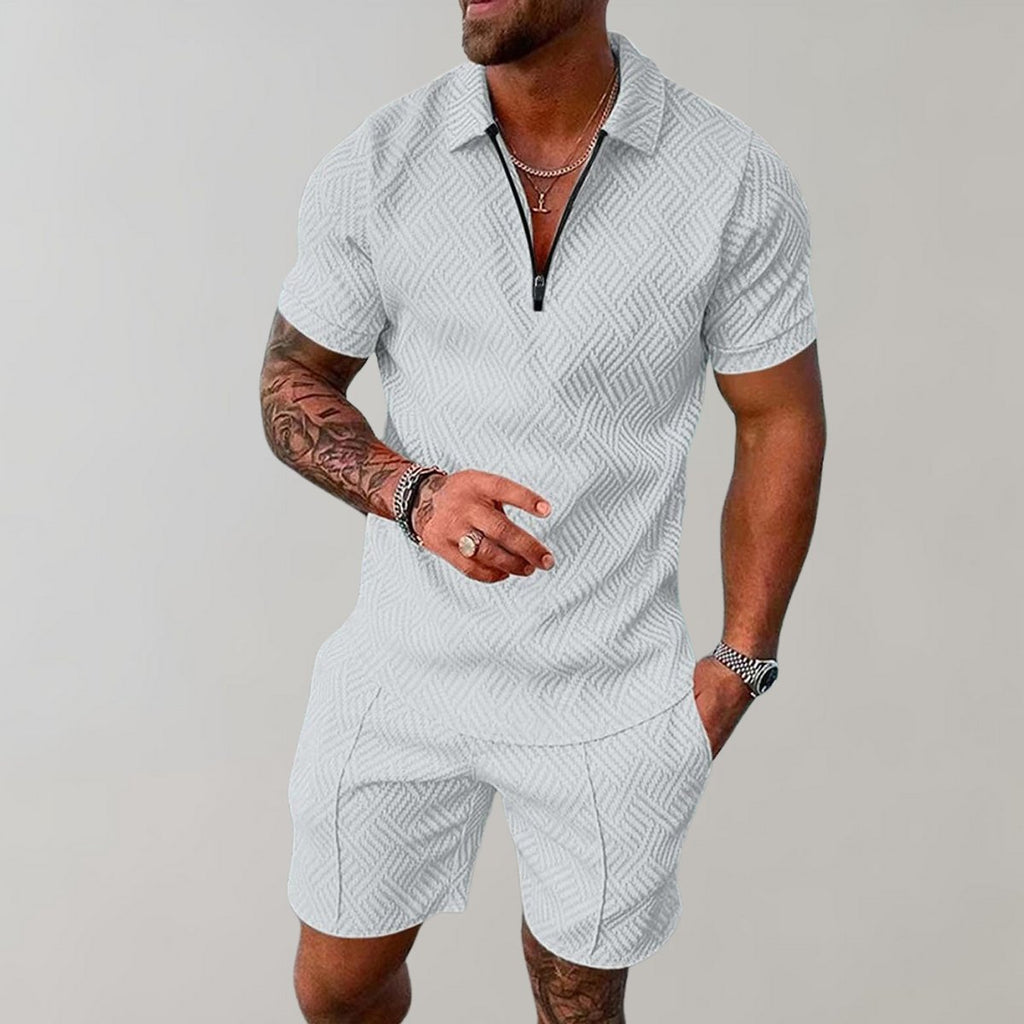 Men's Zip-Polo Matching Shorts Set Textured Woven Two-Piece - White