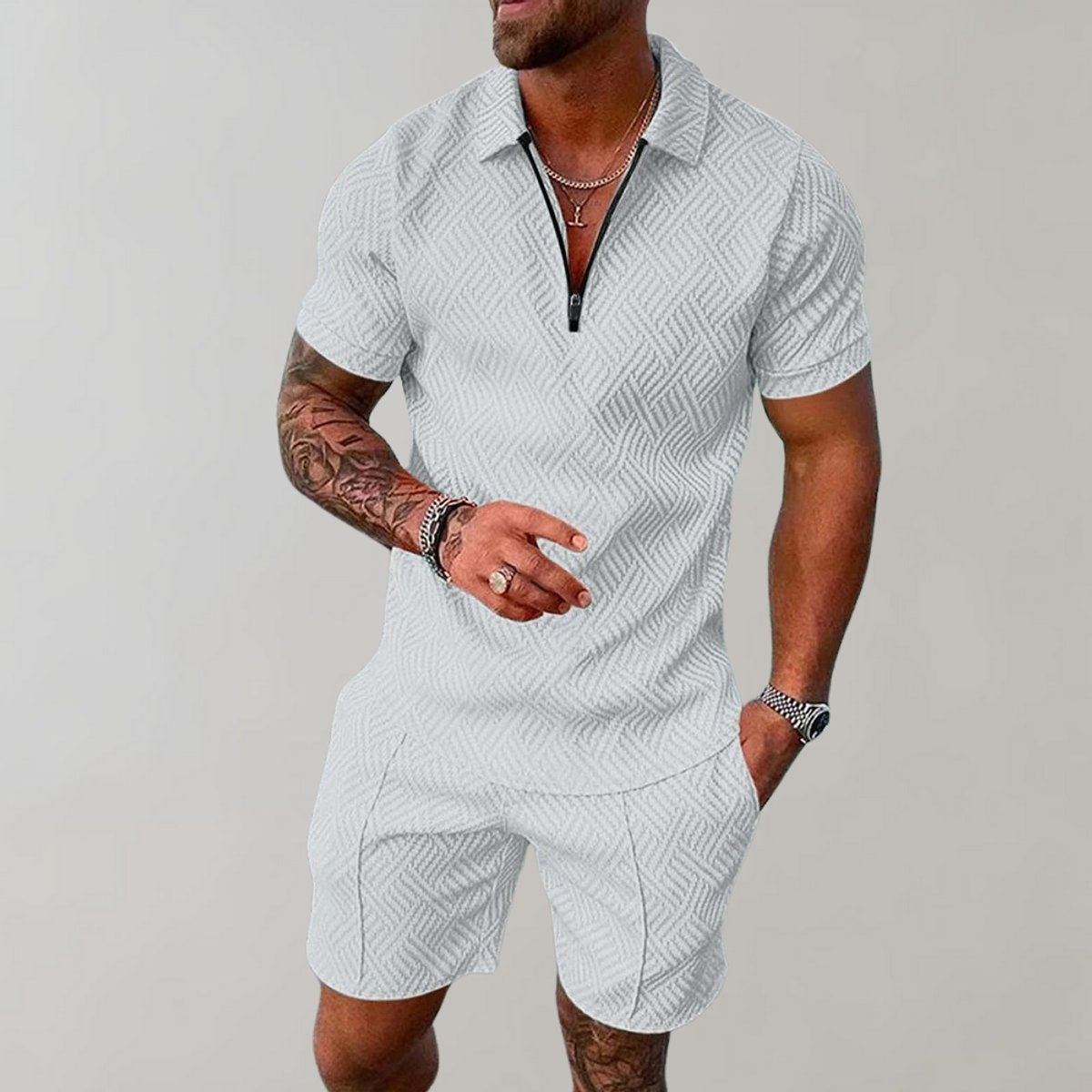 Men's Zip-Polo Matching Shorts Set Textured Woven Two-Piece - White