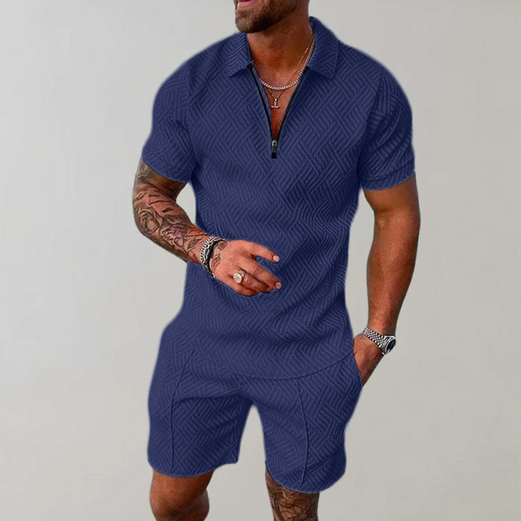Men's Zip-Polo Matching Shorts Set Textured Woven Two-Piece - Marine Blue
