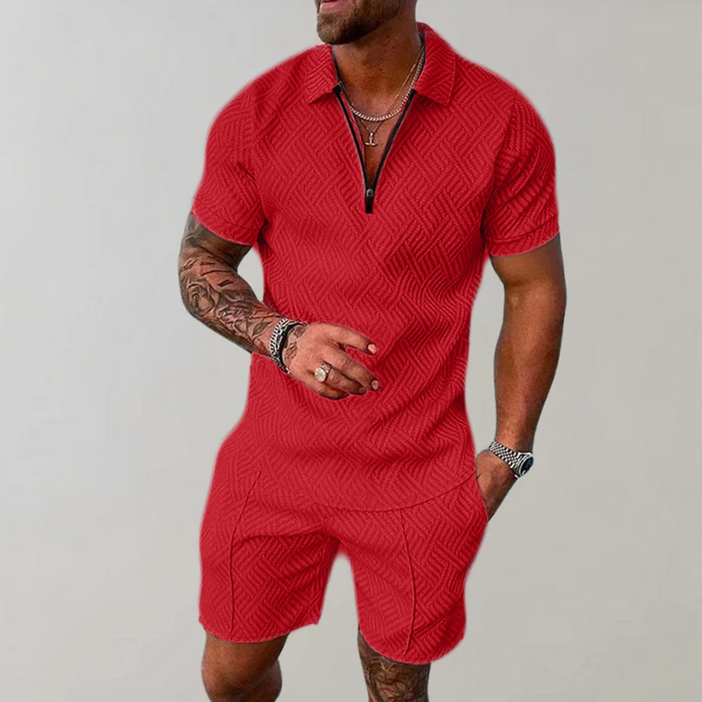 Men's Zip-Polo Matching Shorts Set Textured Woven Two-Piece - Red