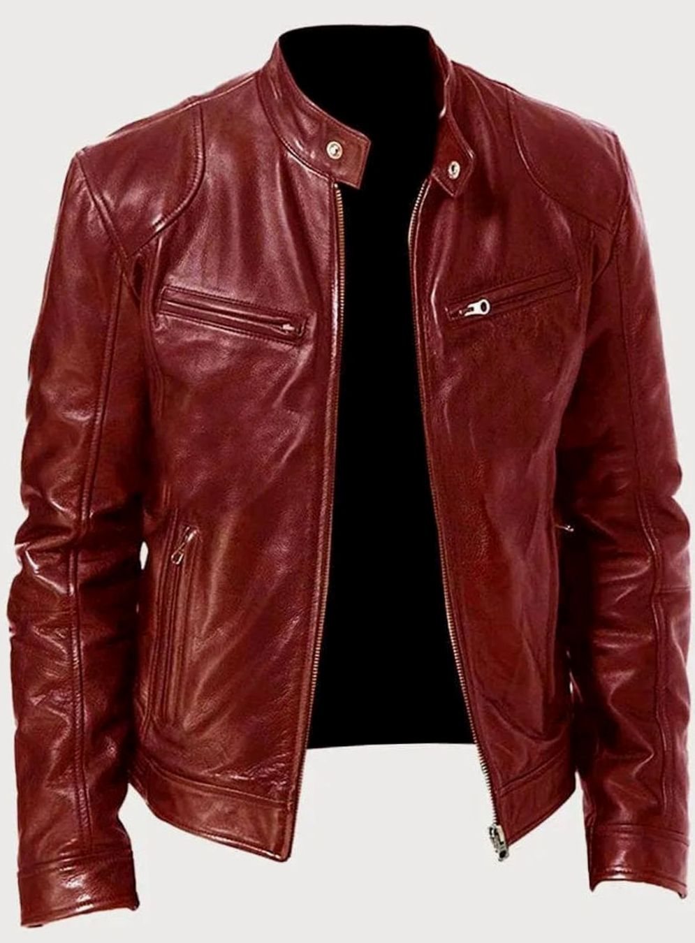 Men's Zip-Up Biker Casual Jacket Stand Collar Faux Leather - Red