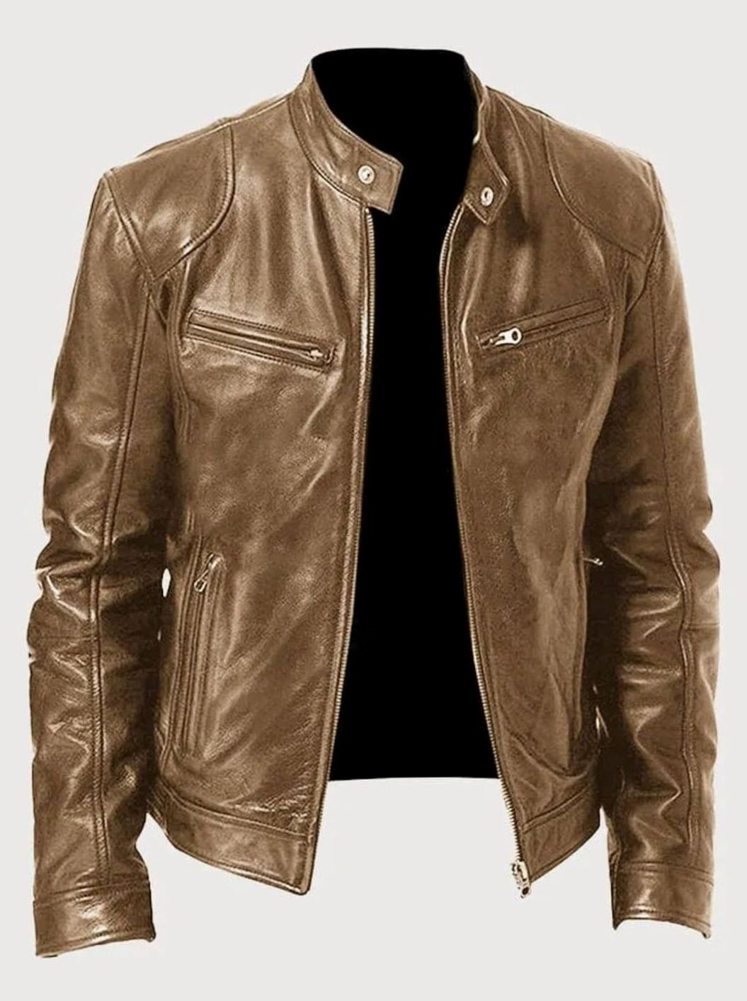 Men's Zip-Up Biker Casual Jacket Stand Collar Faux Leather - Beige