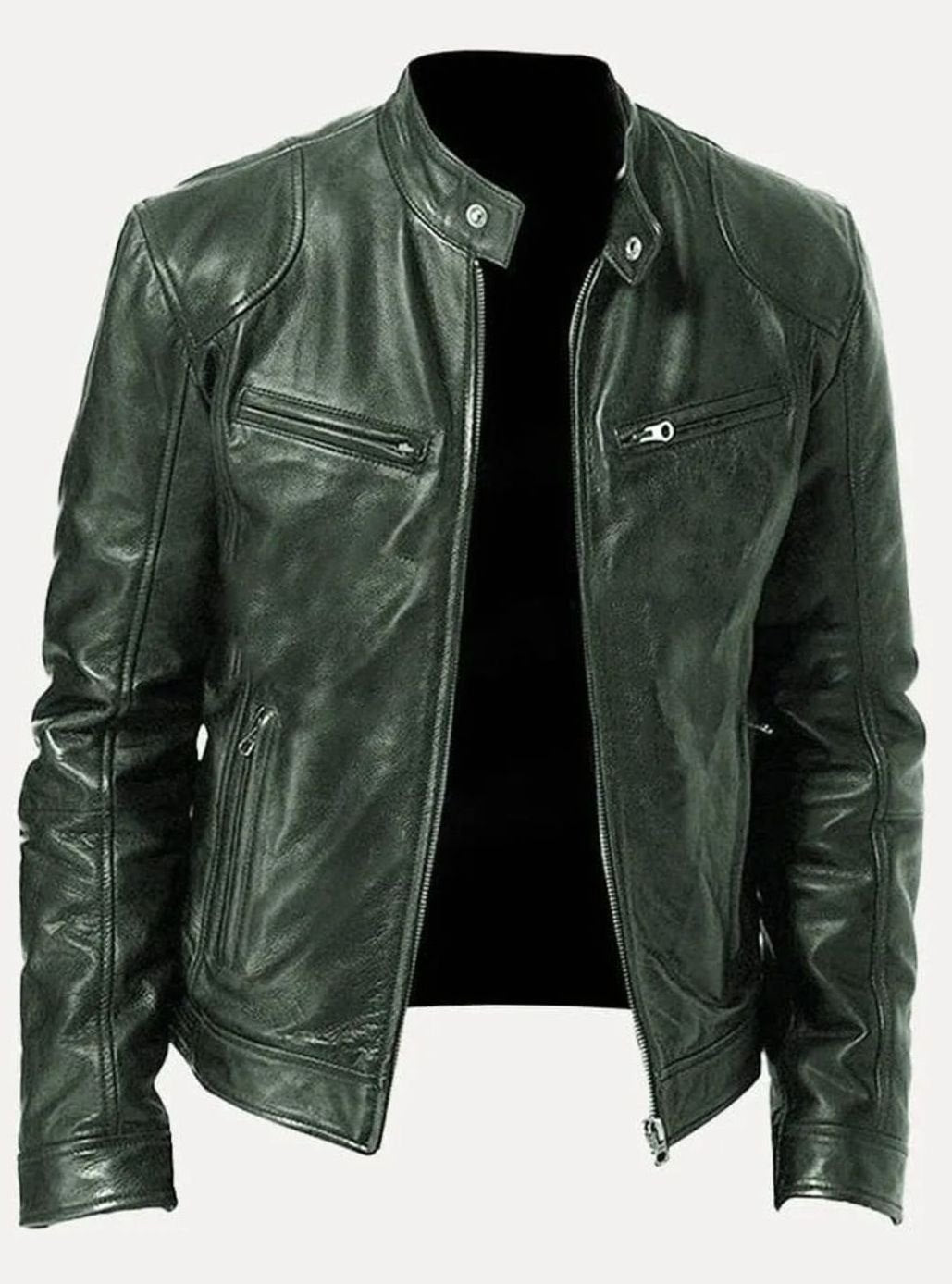 Men's Zip-Up Biker Casual Jacket Stand Collar Faux Leather - Green